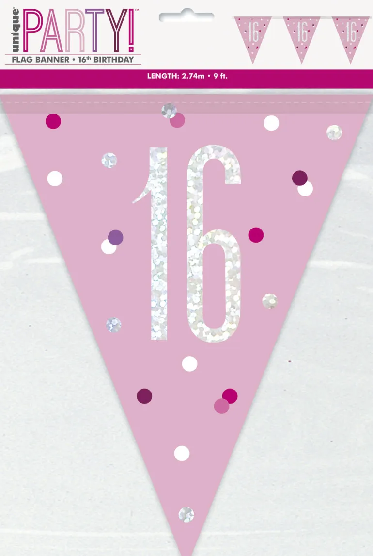Flaggbanner - 16 År - Rosa & Sølv