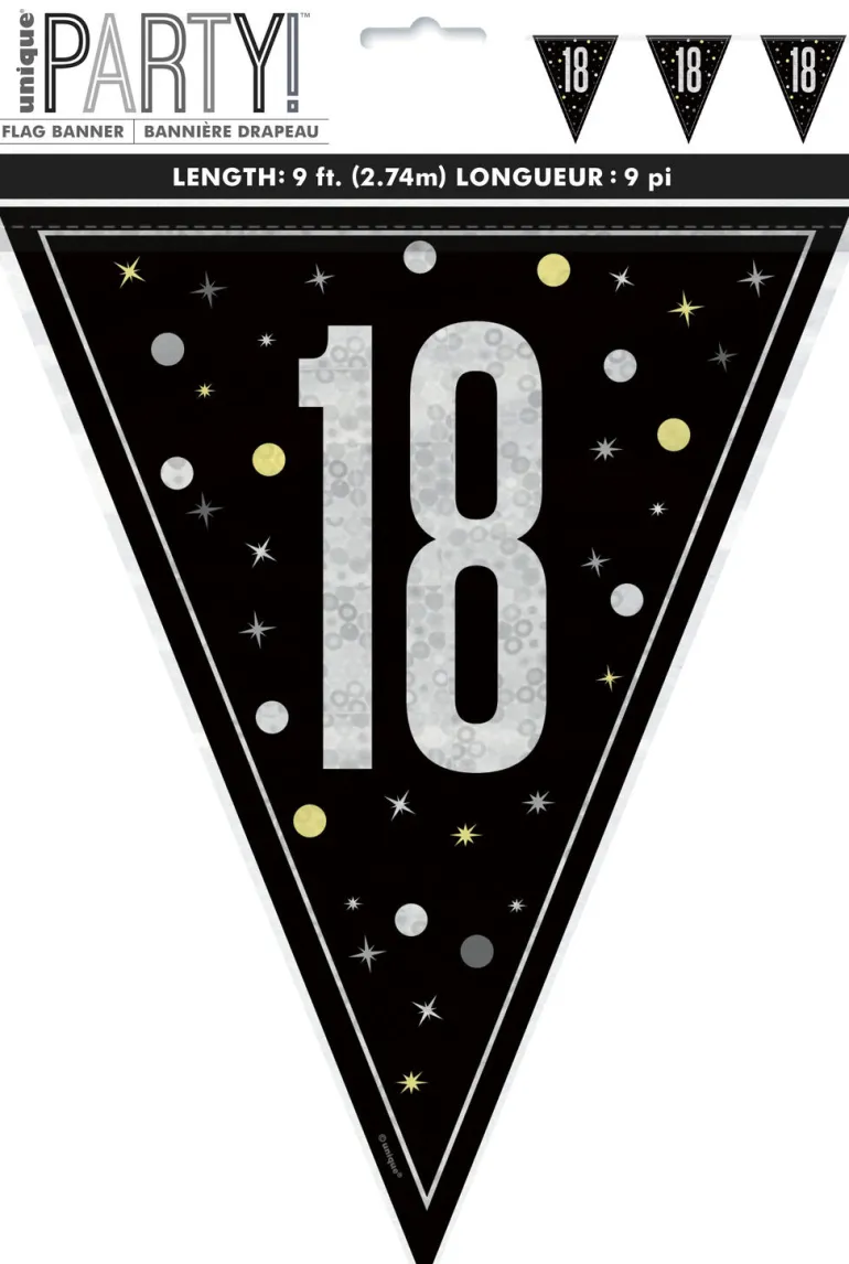 Flaggbanner - 18 År - Sort & Sølv