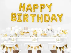 Hvite servietter - Happy Birthday i gull