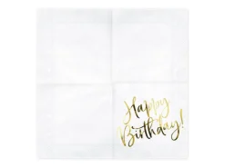 Hvite servietter - Happy Birthday i gull