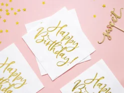 Hvite servietter - Happy Birthday i gull